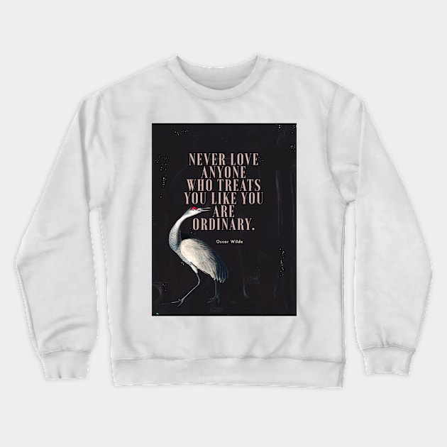 Oscar Wilde Inspirational Quote on Love Black Background Gold Paint Bird Painting Crewneck Sweatshirt by penandbea